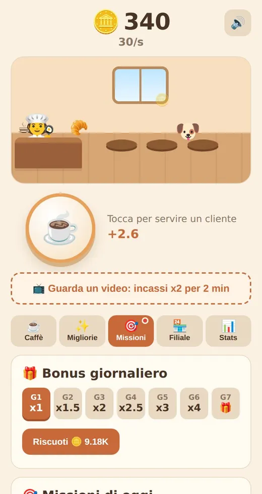 La scheda missioni con il bonus giornaliero