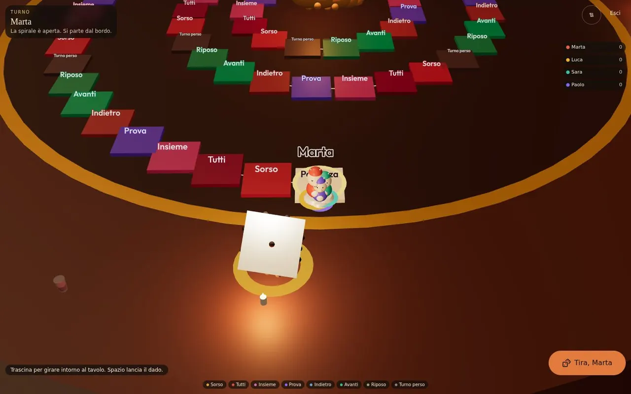 Tabellone 3D a spirale con caselle colorate, pedina e dado