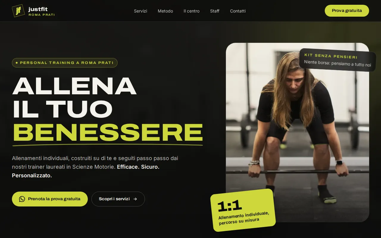 Pagina iniziale di Justfit Roma Prati: Allena il tuo benessere, con il pulsante per prenotare la prova gratuita