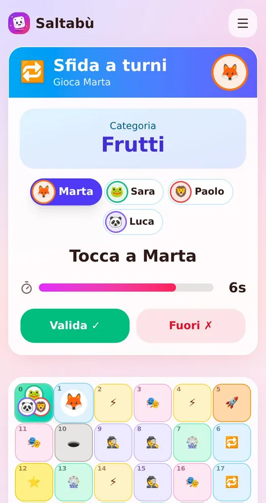 Minigioco sfida a turni con categoria, timer e tabellone sotto
