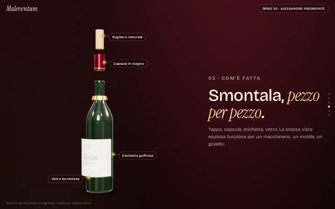 La bottiglia di vino in 3D smontata, con tappo, capsula ed etichetta indicati dai richiami